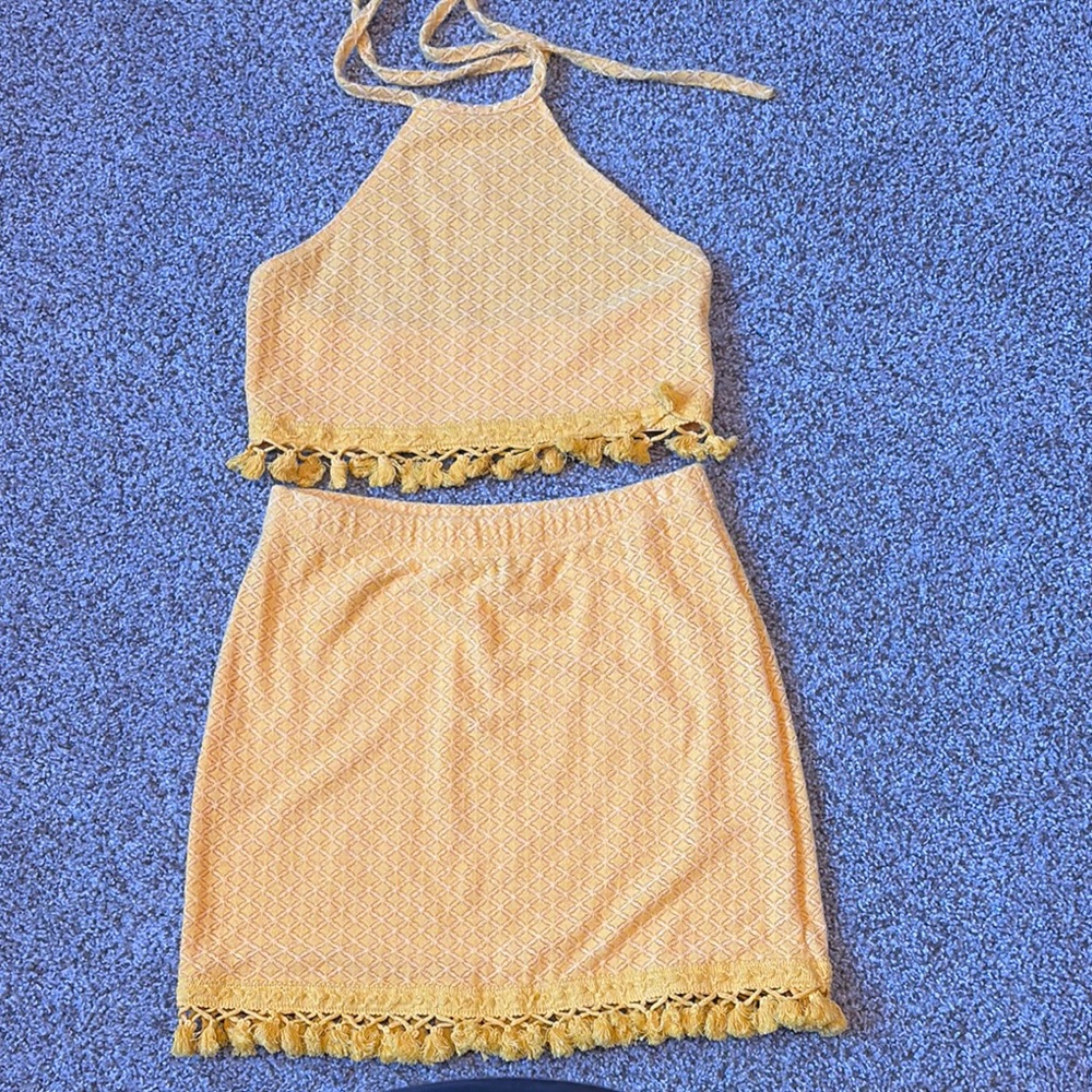 Yellow Halter Top and Skirt Set with Tassels